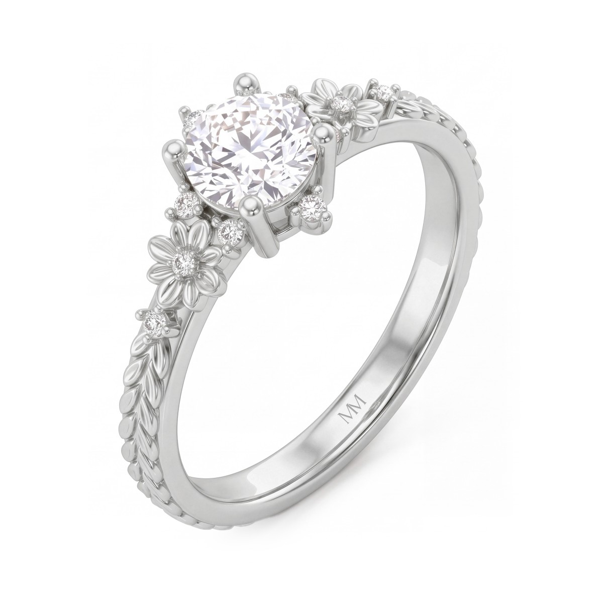 Primrose - vintage ring med rund moissanite og skuldre med blomstermotiv