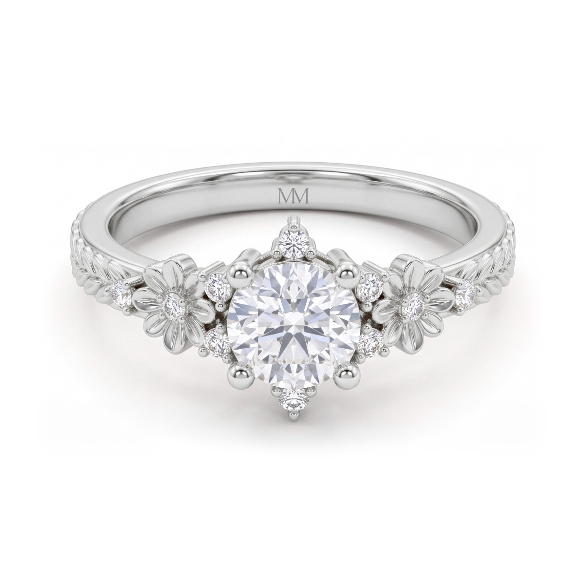 Primrose - vintage ring med rund moissanite og skuldre med blomstermotiv