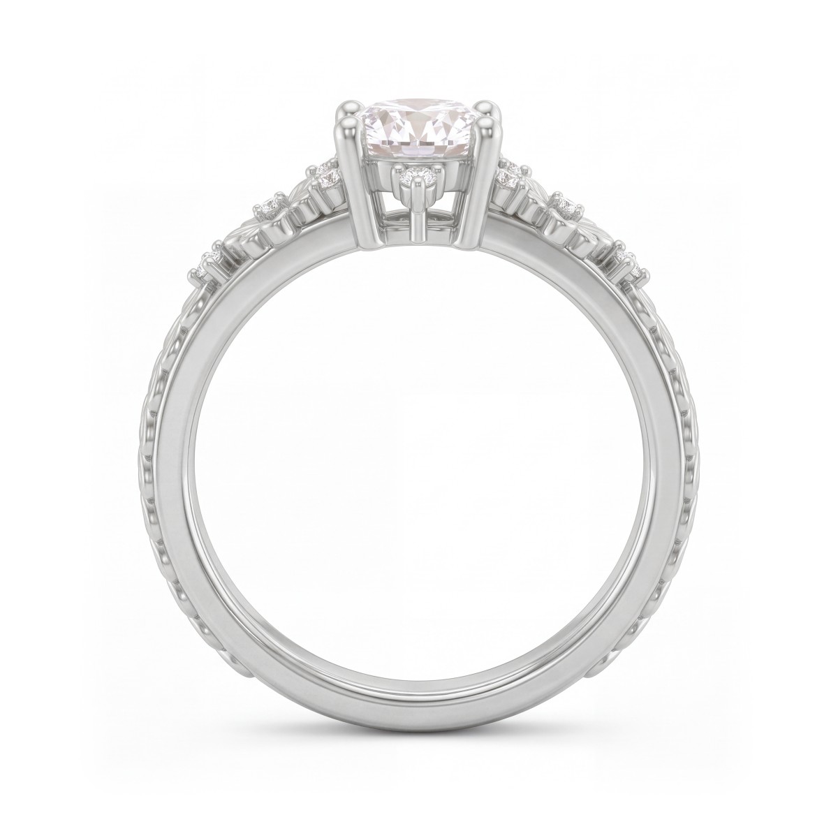 Primrose - vintage ring med rund moissanite og skuldre med blomstermotiv