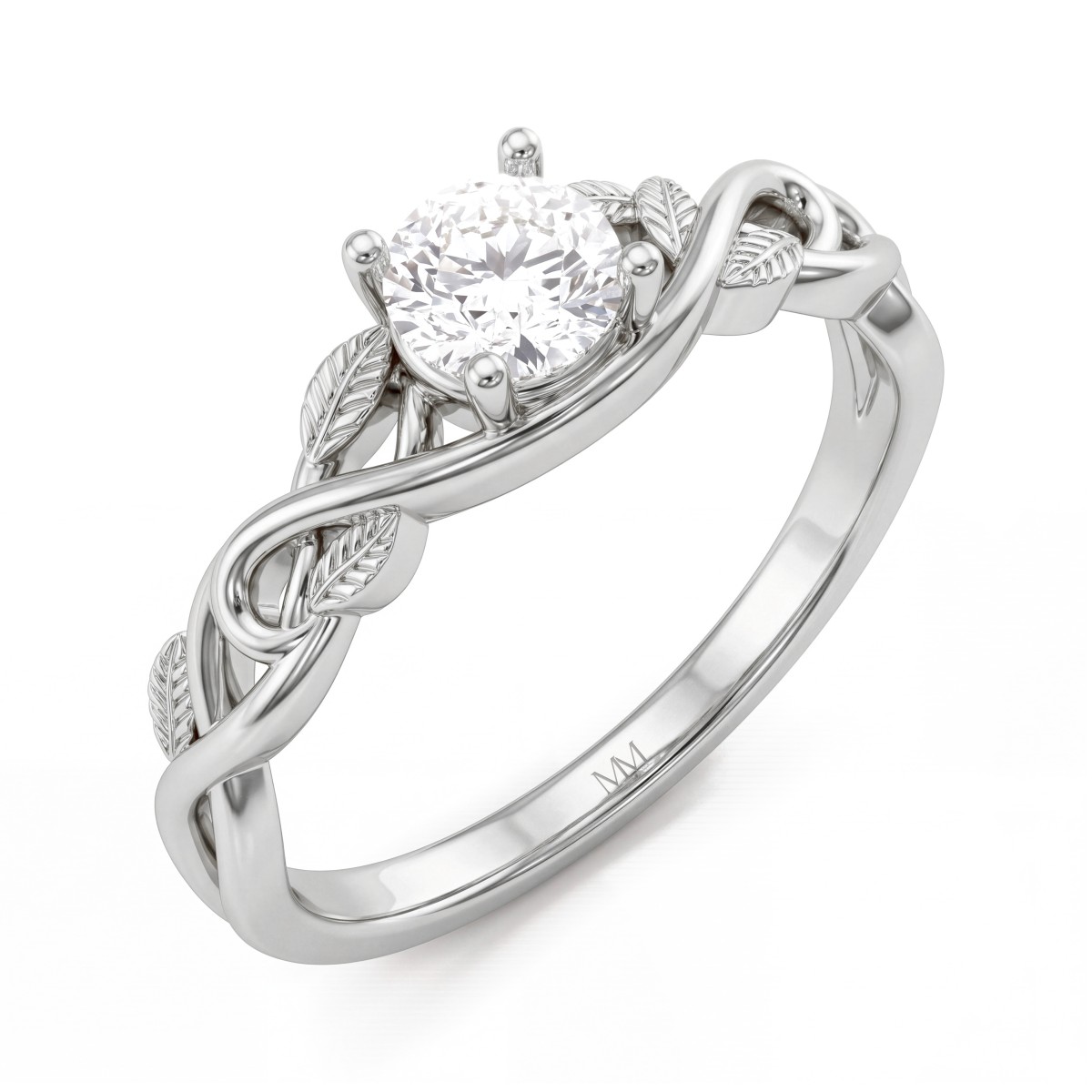 Ivy - forlovelsesring med rund moissanite og skuldre med bladranker