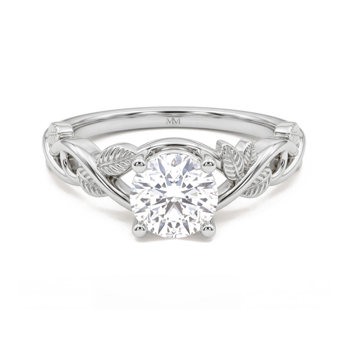 Ivy - forlovelsesring med rund moissanite og skuldre med bladranker