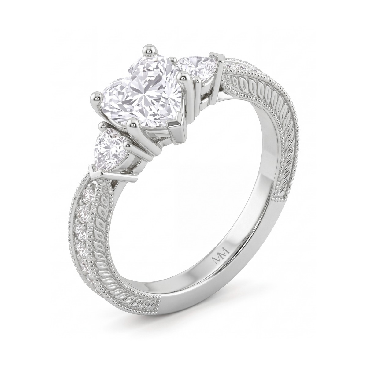 Cherie - ring med hjerteslipt moissanite og hjerteformede sidesteiner