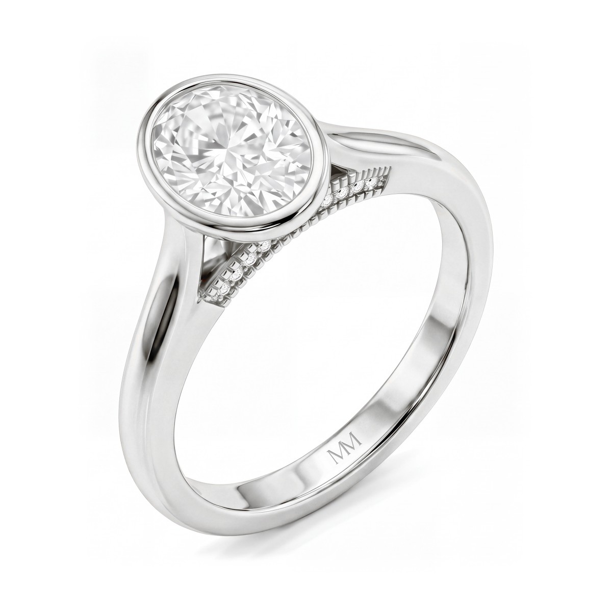 Camille - ring med oval moissanite i sargfatning og gjennombrutt galleri