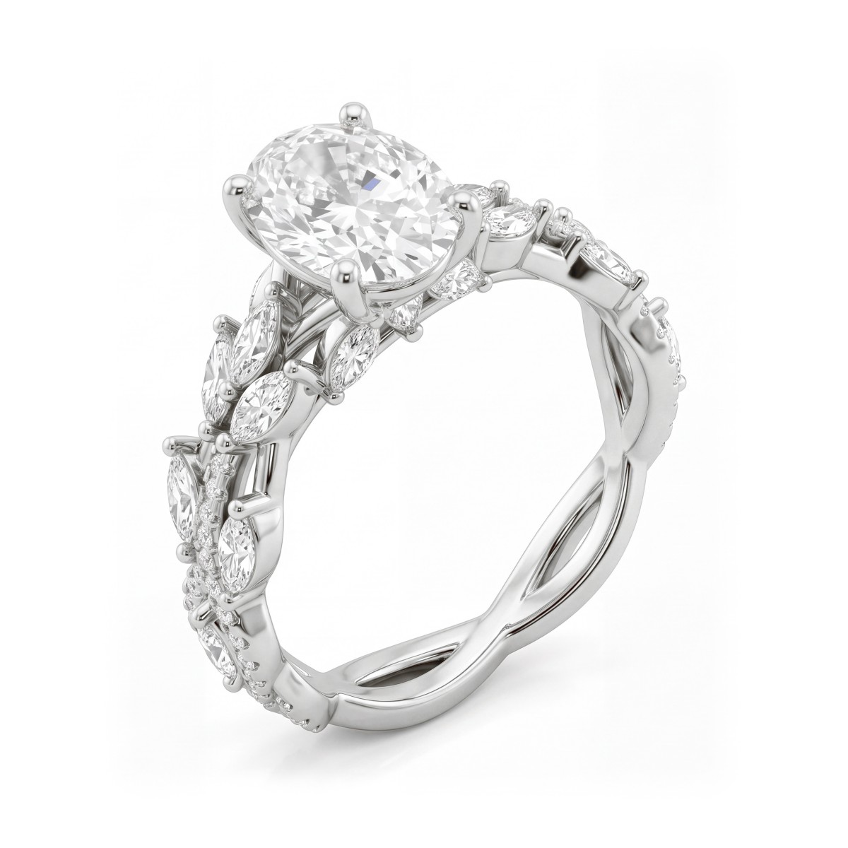 Wisteria - ring med oval moissanite og ringskinne formet som en tvunnet vinranke