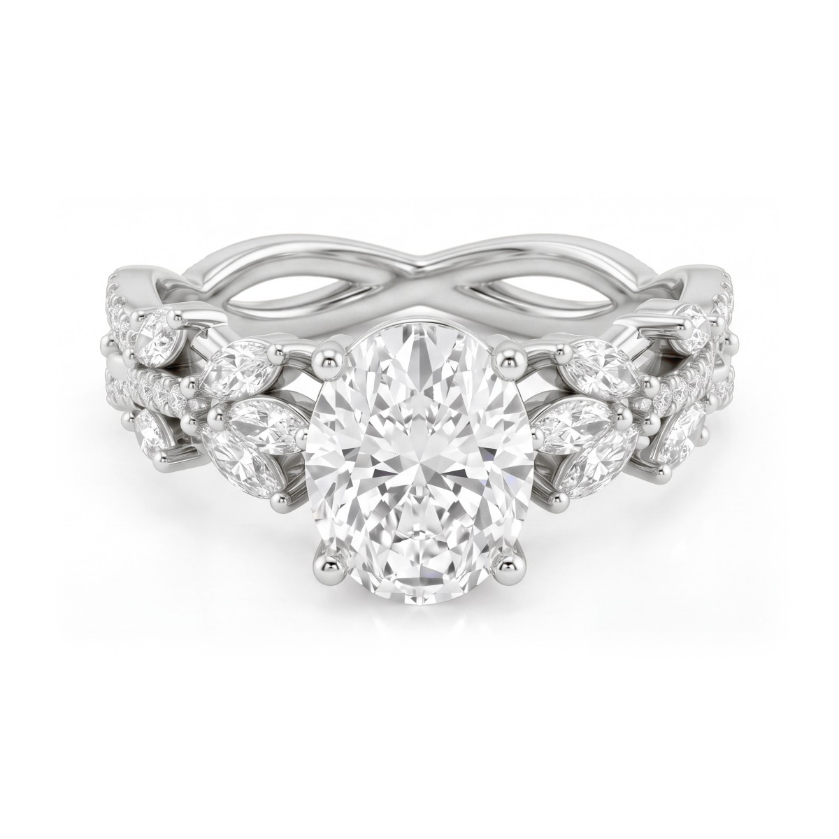 Wisteria - ring med oval moissanite og ringskinne formet som en tvunnet vinranke