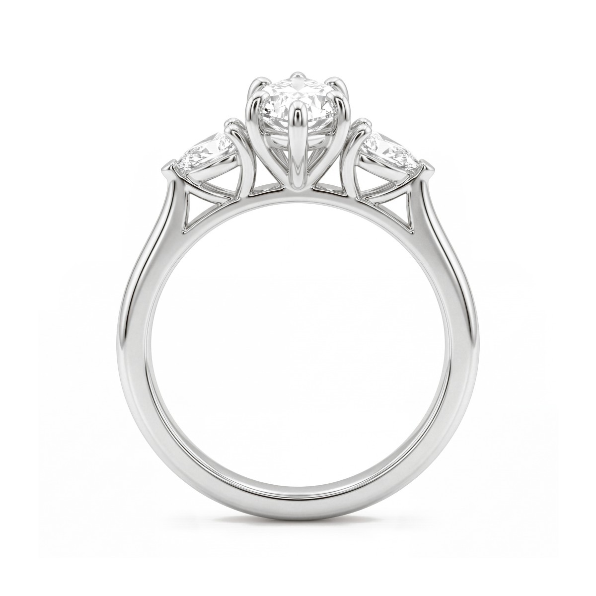 Navette - tresteinsforlovelsesring med marquiseslipt moissanite og utovervendte dråpeformede sidesteiner