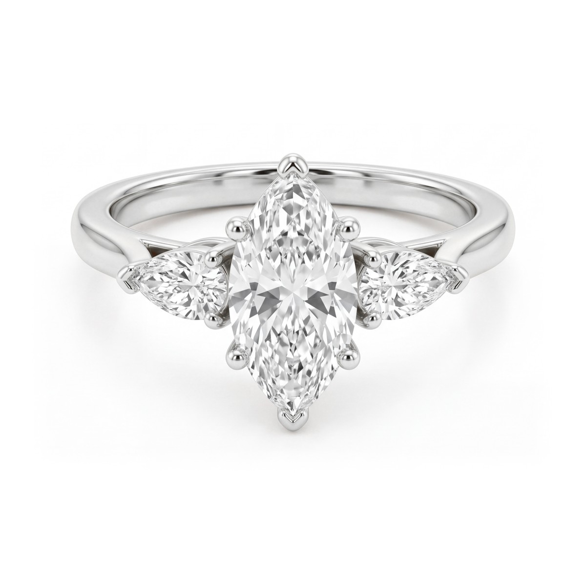 Navette - tresteinsforlovelsesring med marquiseslipt moissanite og utovervendte dråpeformede sidesteiner
