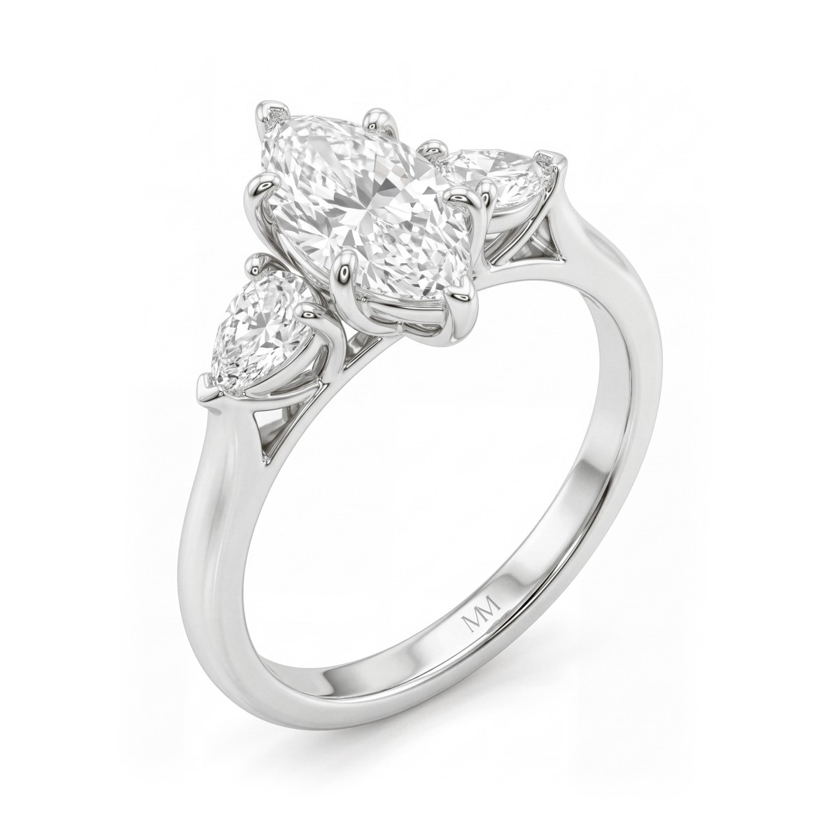 Navette - tresteinsforlovelsesring med marquiseslipt moissanite og utovervendte dråpeformede sidesteiner