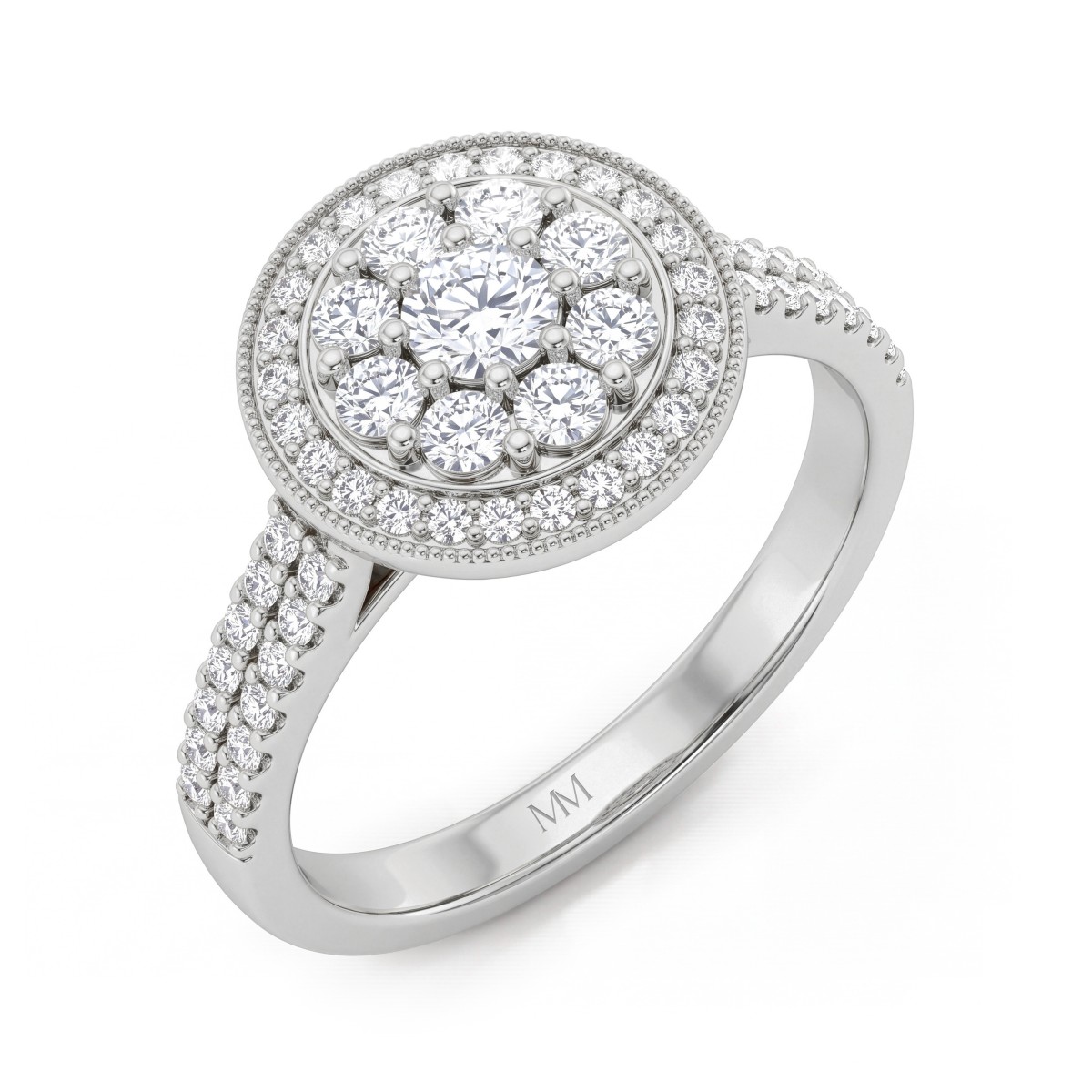 Corollina - ring med rund moissaniteklynge, halo og pavéfattede skuldre