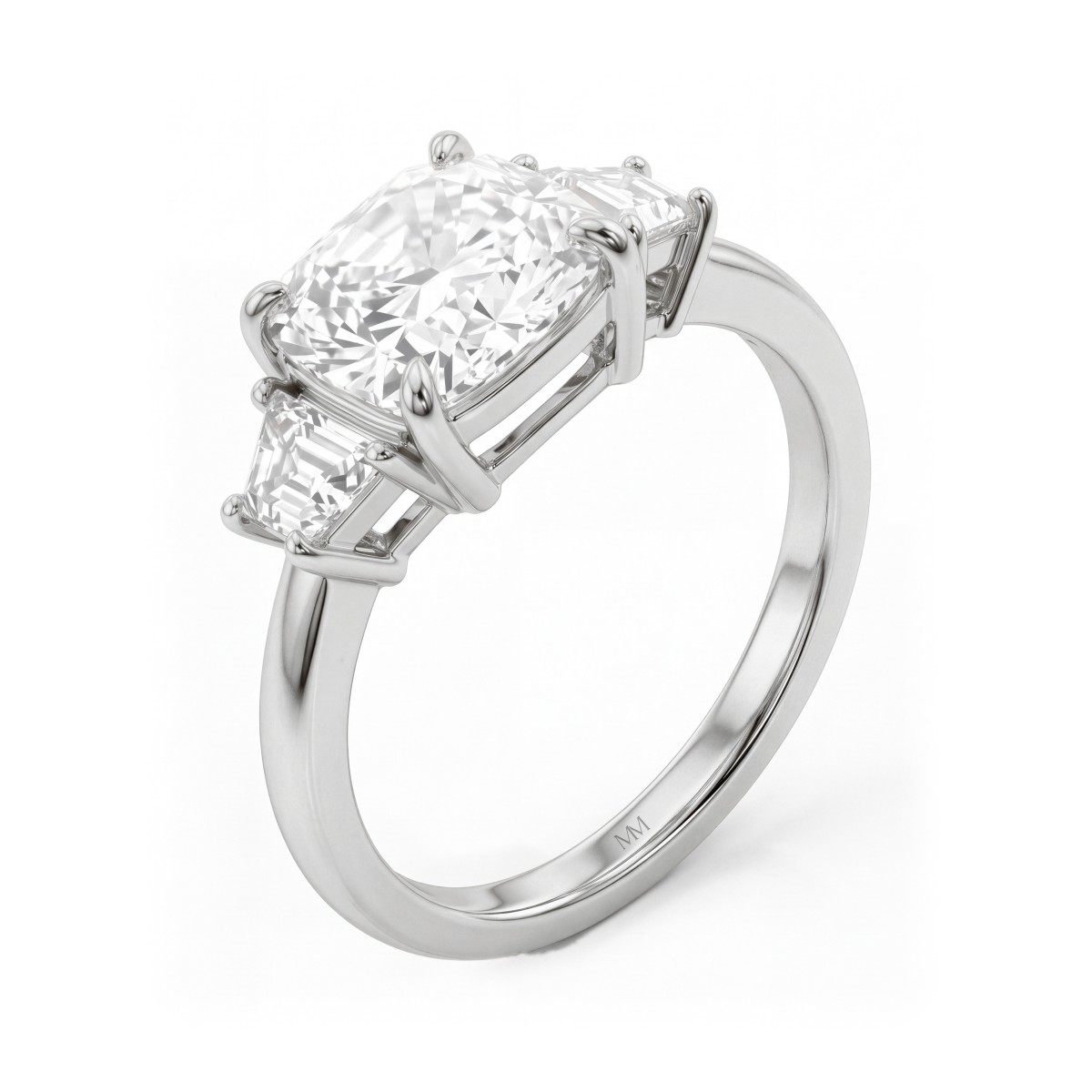 Trinity - tresteinsring i moissanite med puteslip og trapesformede sidesteiner