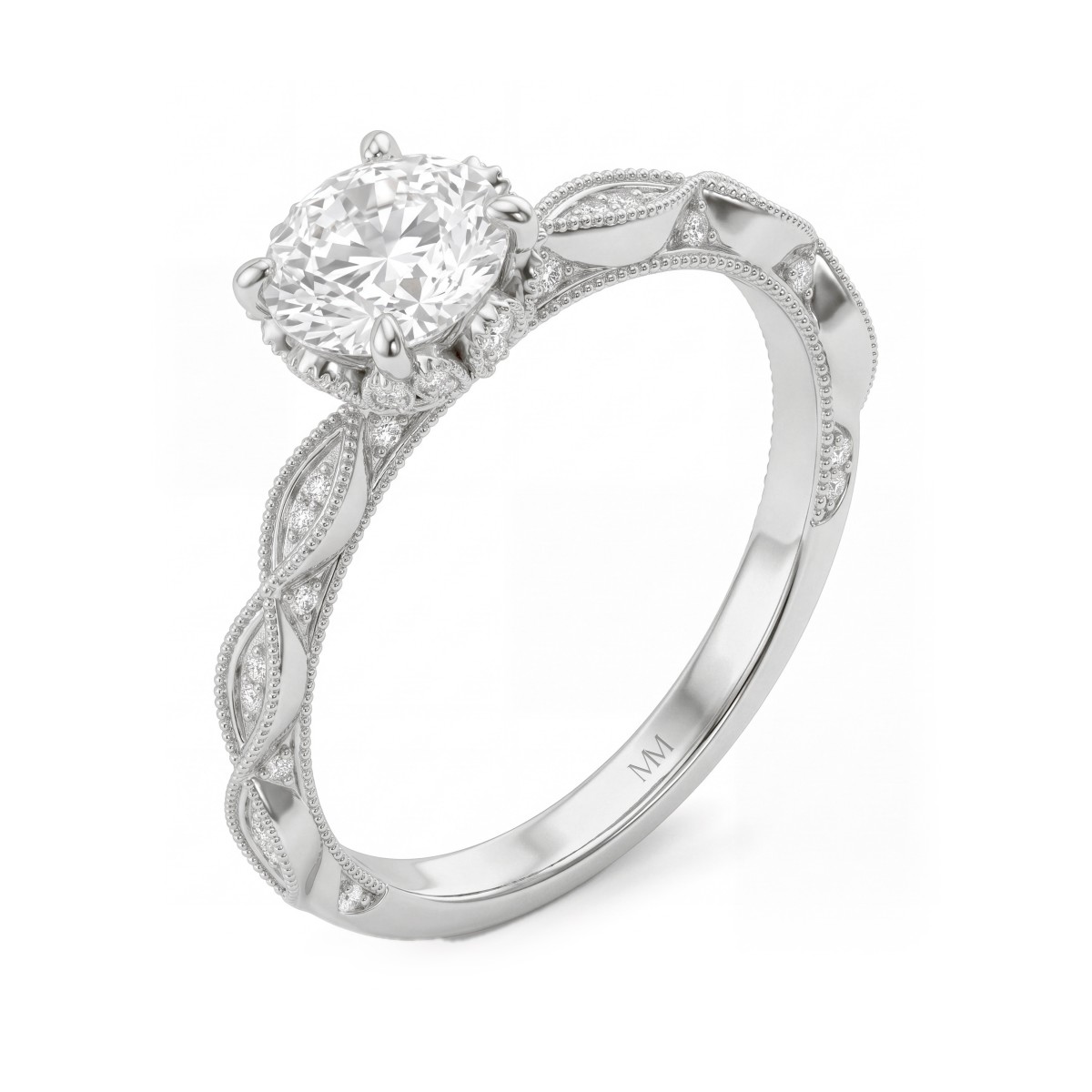 Plume - ring i vintagestil med rund moissanite og pavéfattet lotuskrage