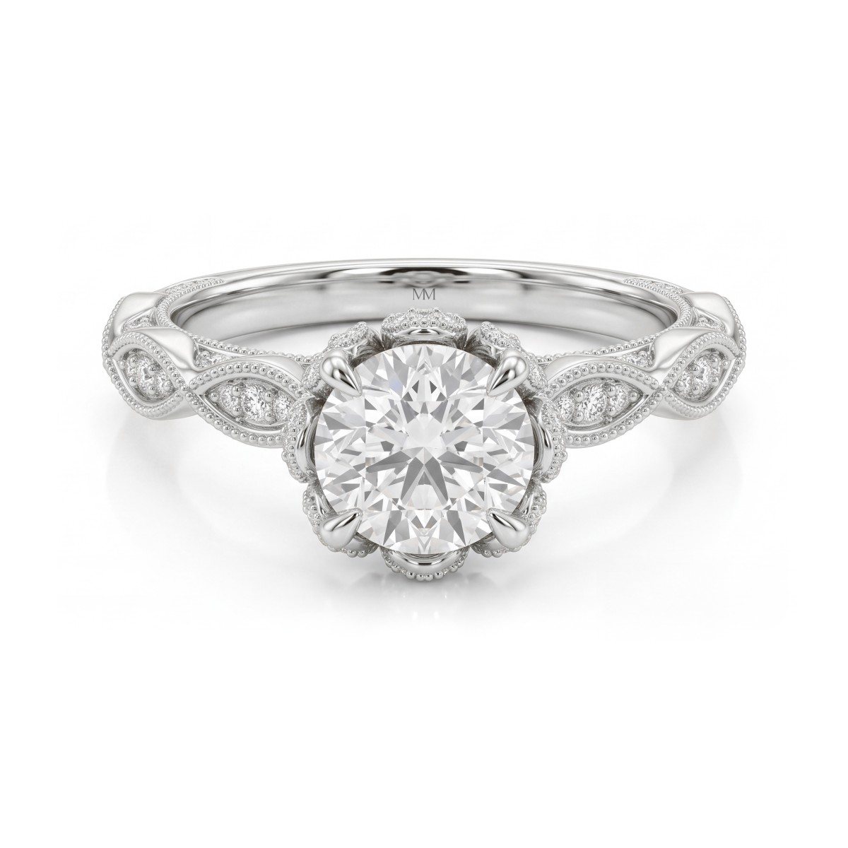 Plume - ring i vintagestil med rund moissanite og pavéfattet lotuskrage