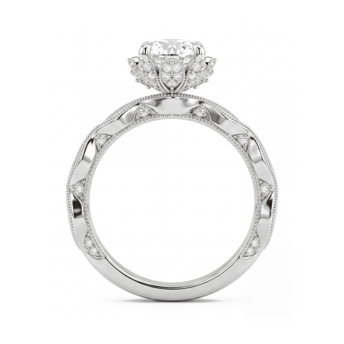 Plume - ring i vintagestil med rund moissanite og pavéfattet lotuskrage
