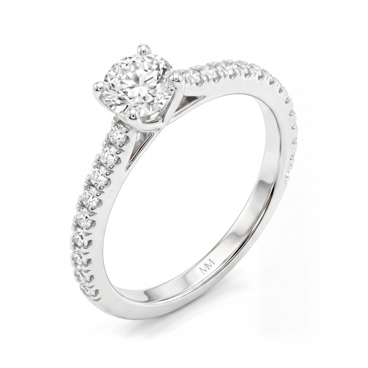 Juliette - forlovelsesring med rund moissanite og ringskinne med pavé