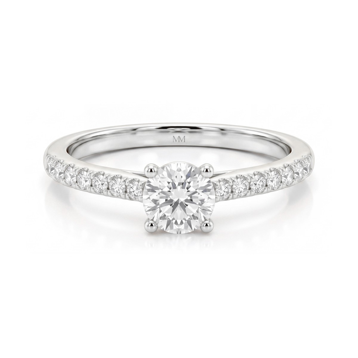 Juliette - forlovelsesring med rund moissanite og ringskinne med pavé