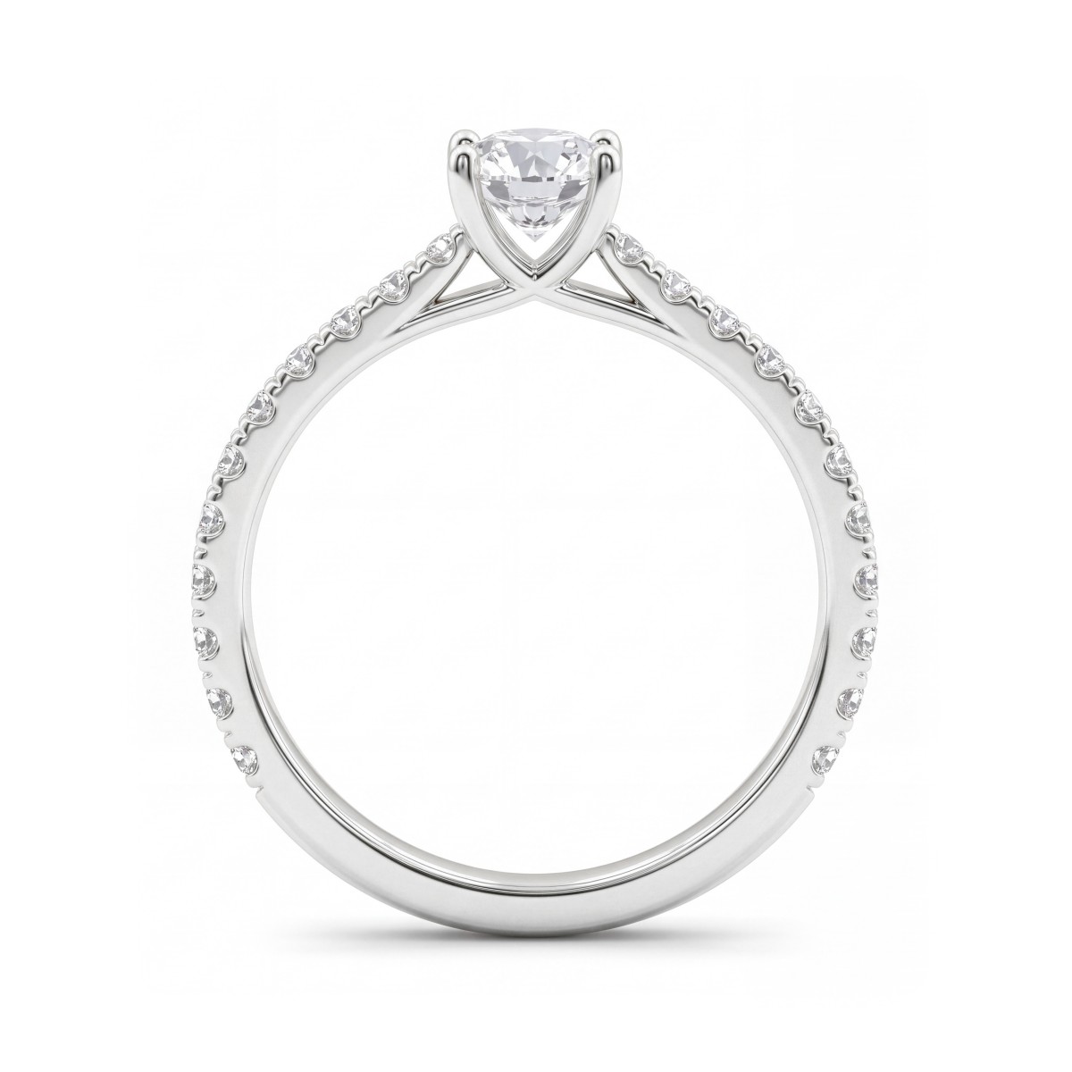 Juliette - forlovelsesring med rund moissanite og ringskinne med pavé