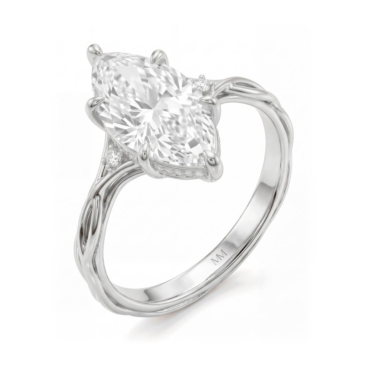 Hazel - ring med moissanite i marquiseslip og ringskinne formet som en tvinnet gren