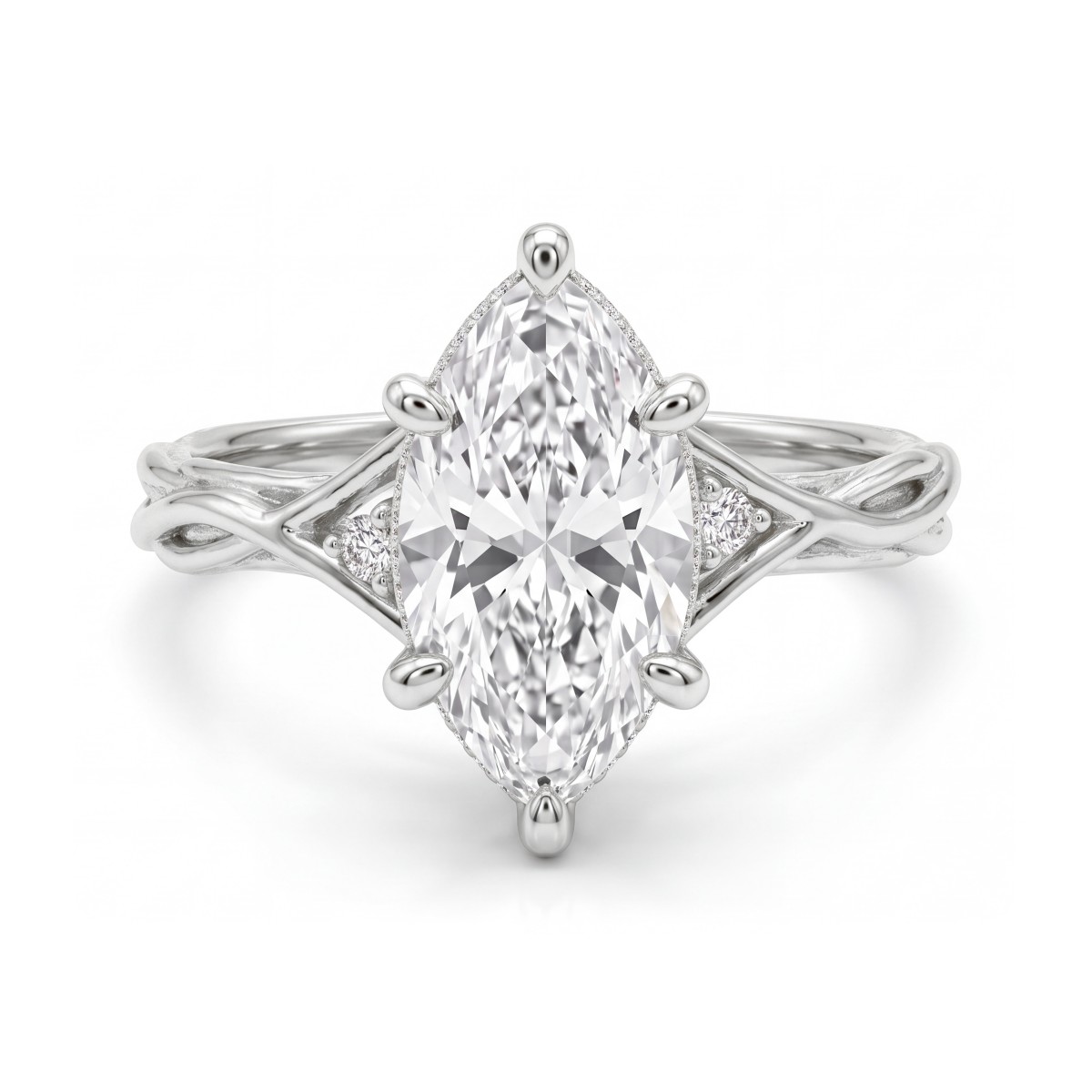 Hazel - ring med moissanite i marquiseslip og ringskinne formet som en tvinnet gren