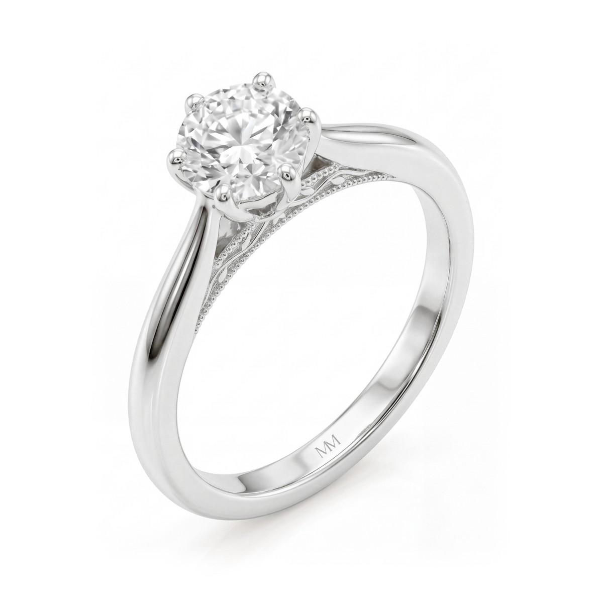 Lotella - forlovelsesring med rund moissanite og utskåret lotusformet kurvfatning