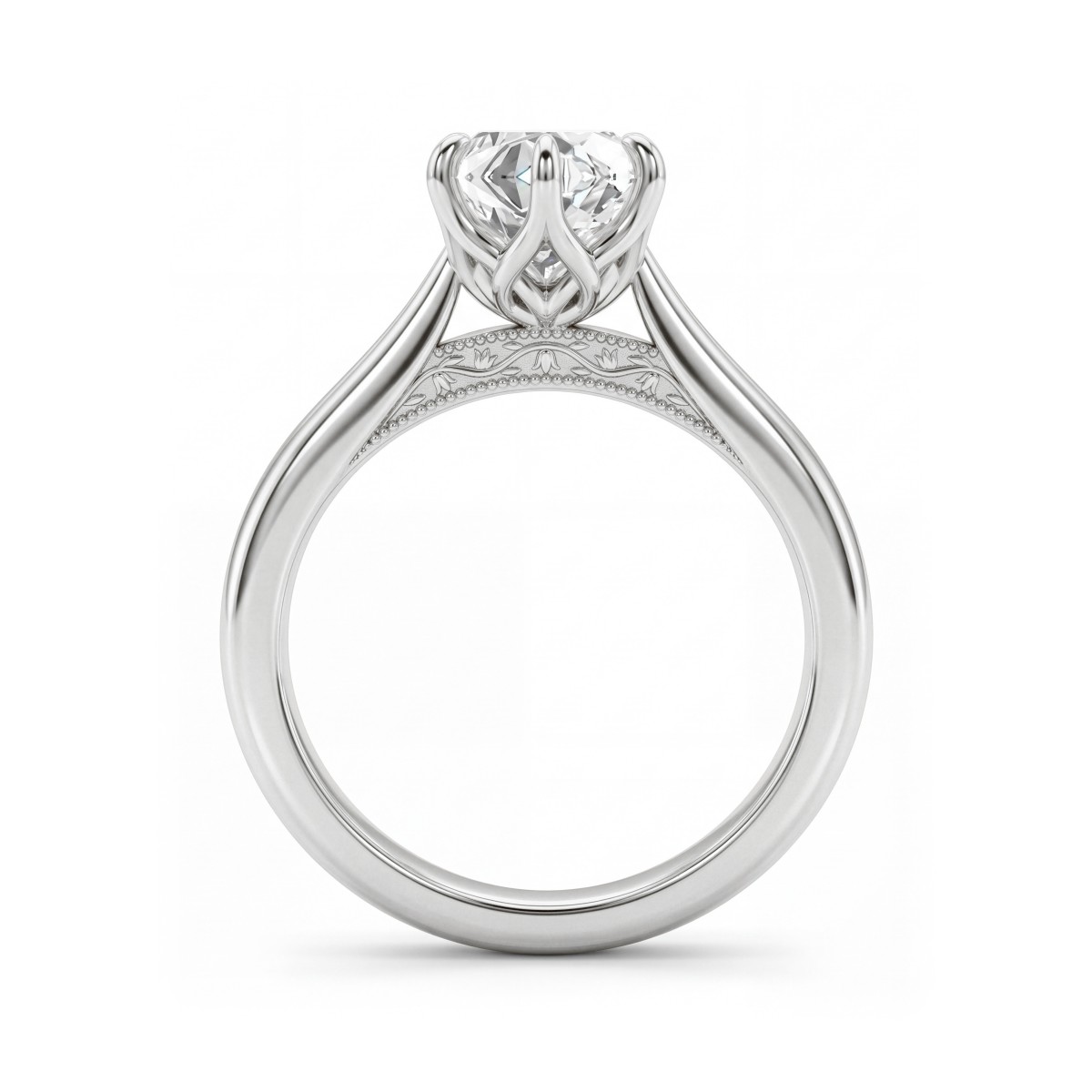 Lotella - forlovelsesring med rund moissanite og utskåret lotusformet kurvfatning
