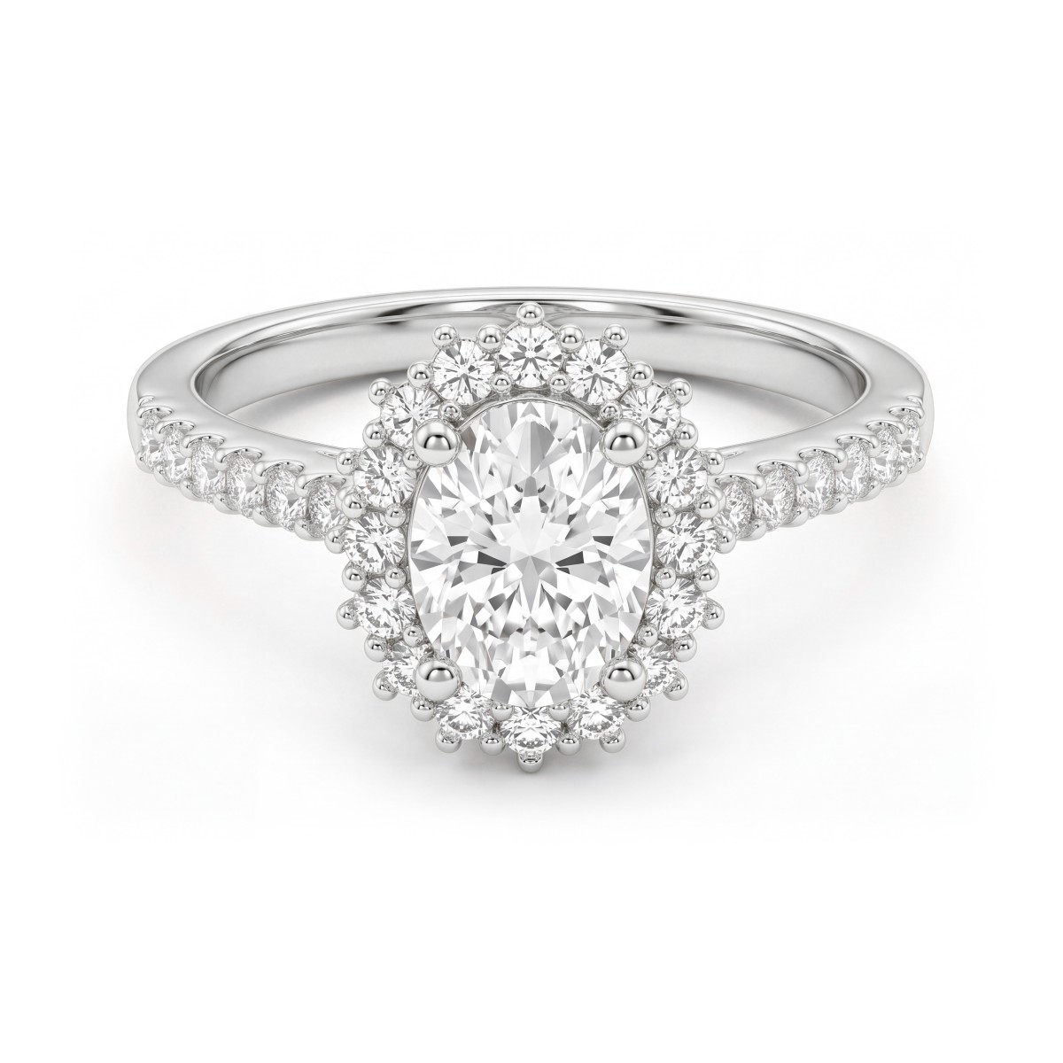 Soleil - haloring med oval moissanite og pavéfattet ringskinne