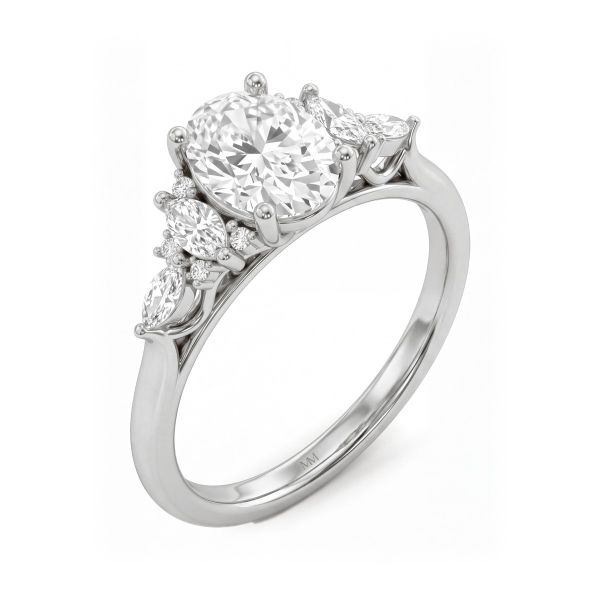 Ondine - ring med oval moissanite og klynger av steiner med marquiseslip på skuldrene