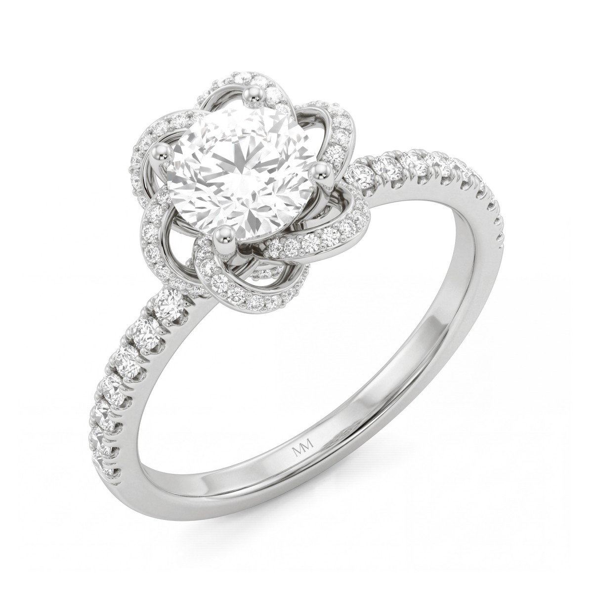 Camellia - ring med rund moissanite og båndformede kronblader med pavéfatning