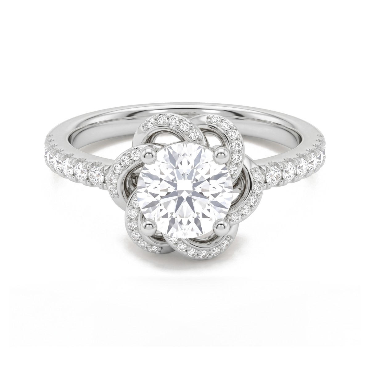 Camellia - ring med rund moissanite og båndformede kronblader med pavéfatning