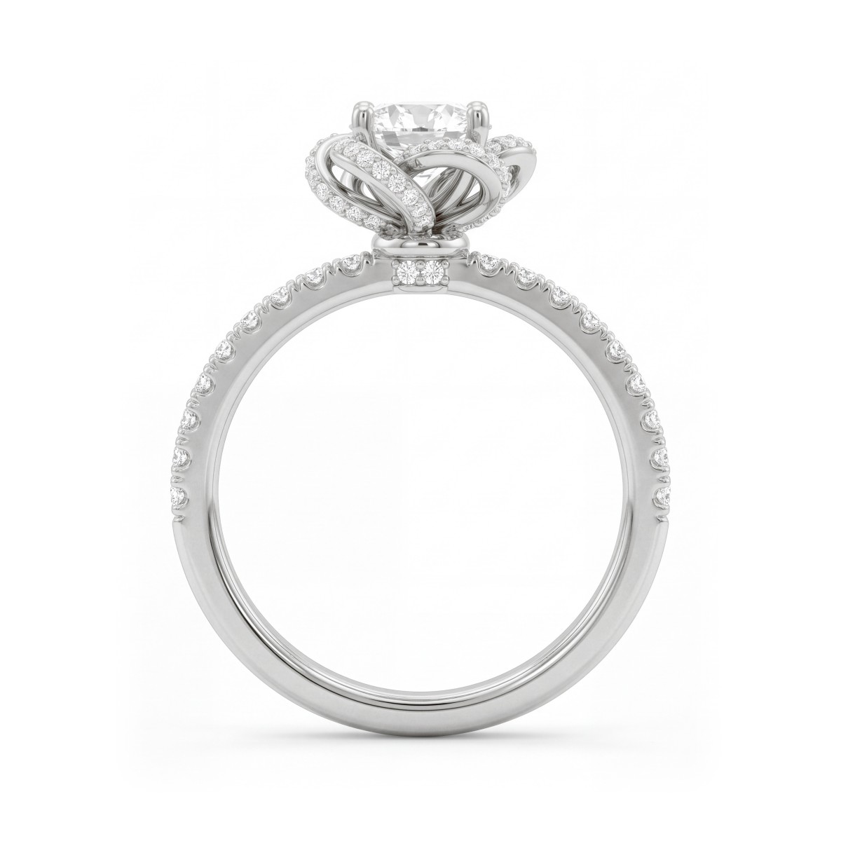 Camellia - ring med rund moissanite og båndformede kronblader med pavéfatning