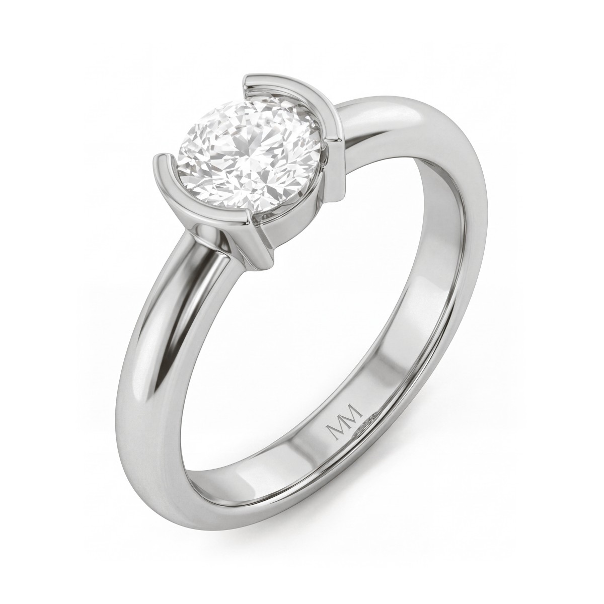 Demi - ensteinsring med rund moissanite i halv sargfatning