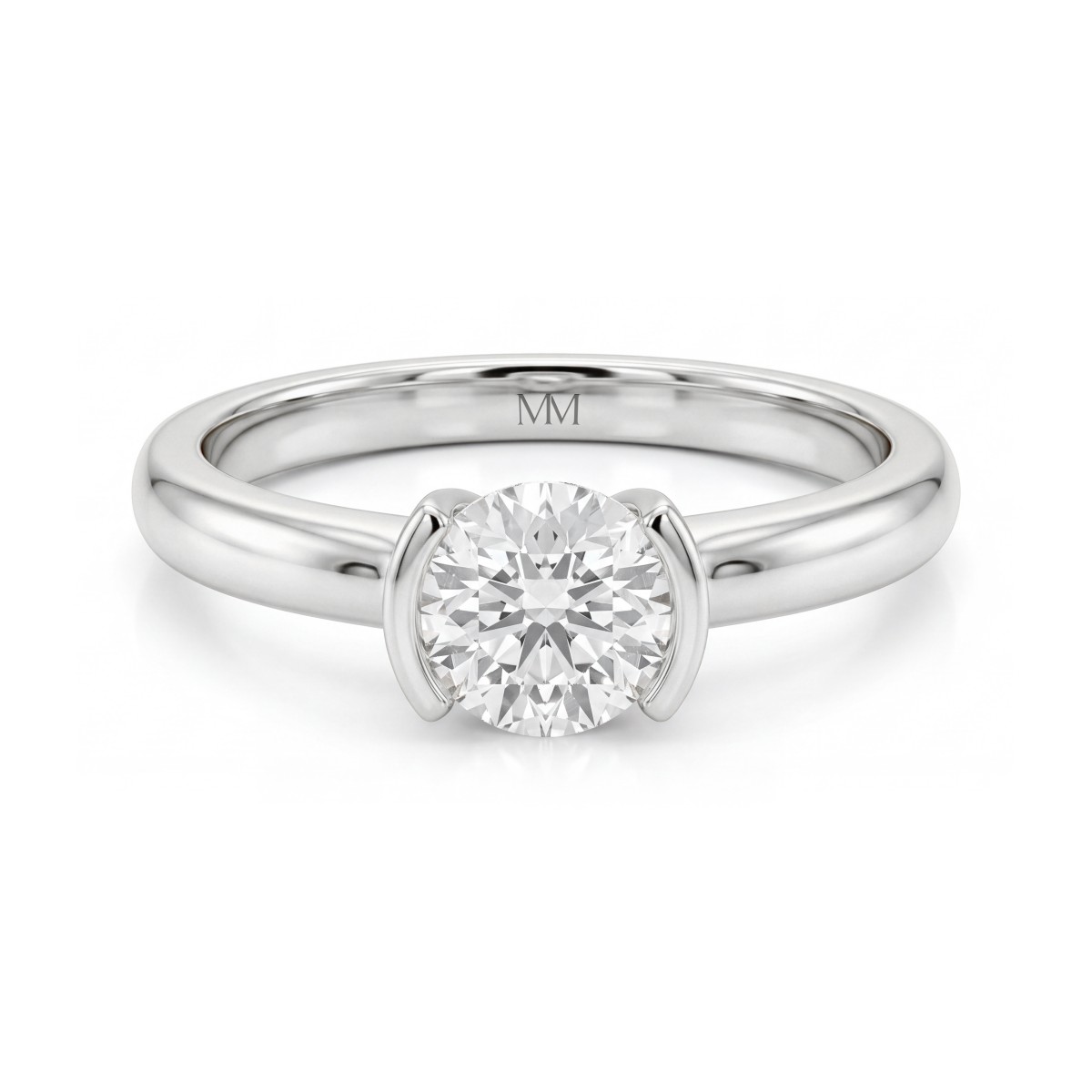 Demi - ensteinsring med rund moissanite i halv sargfatning