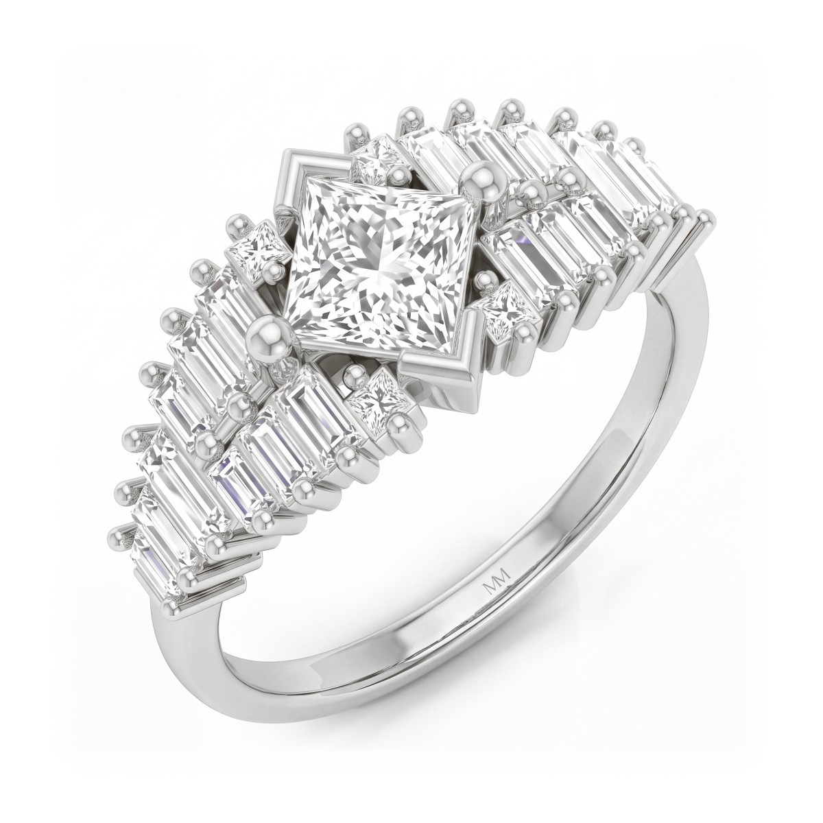 Princelle - art deco-ring med prinsesseslipt moissanite og skuldre med trinnvis plasserte baguetteslipte steiner