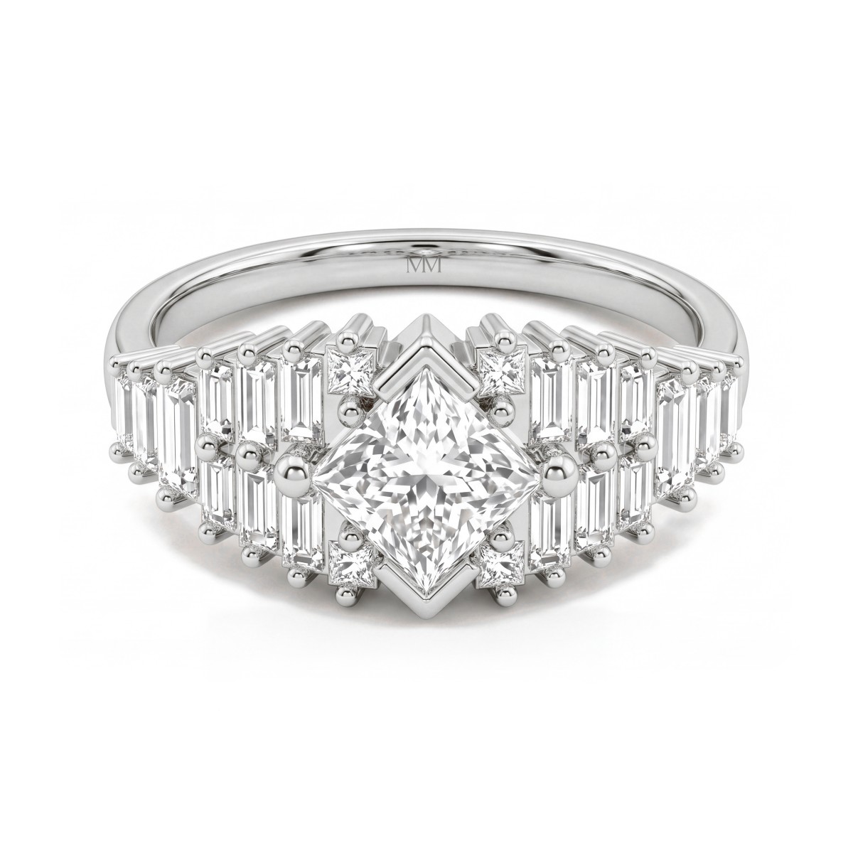 Princelle - art deco-ring med prinsesseslipt moissanite og skuldre med trinnvis plasserte baguetteslipte steiner