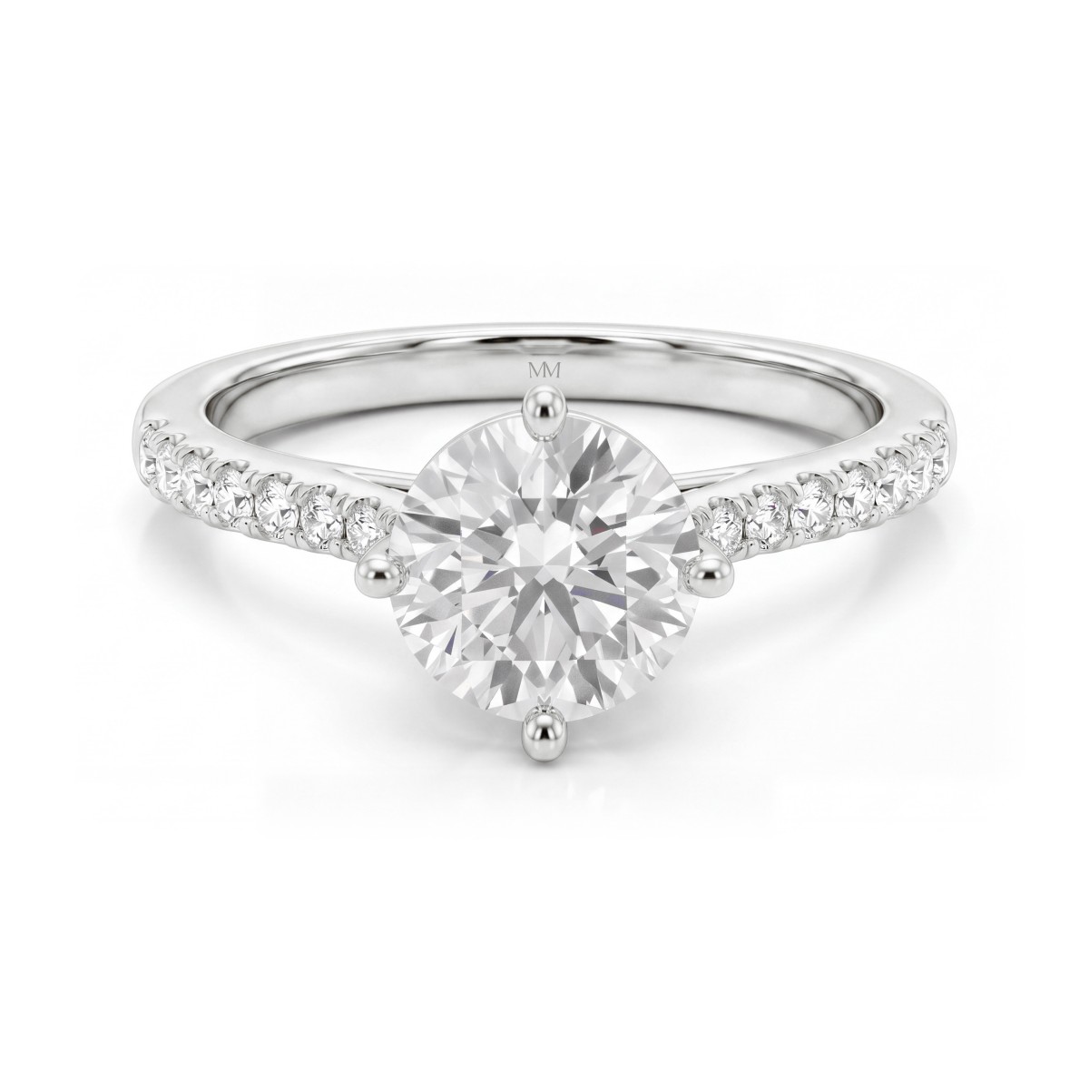 Cadence - forlovelsesring med rund moissanite, fatning med kryssende klør og gradert pavé