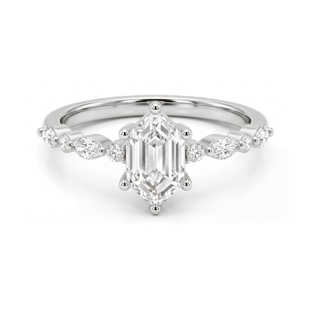 Prisma - forlovelsesring med avlang sekskantet moissanite og marquiseslipte og runde sidesteiner