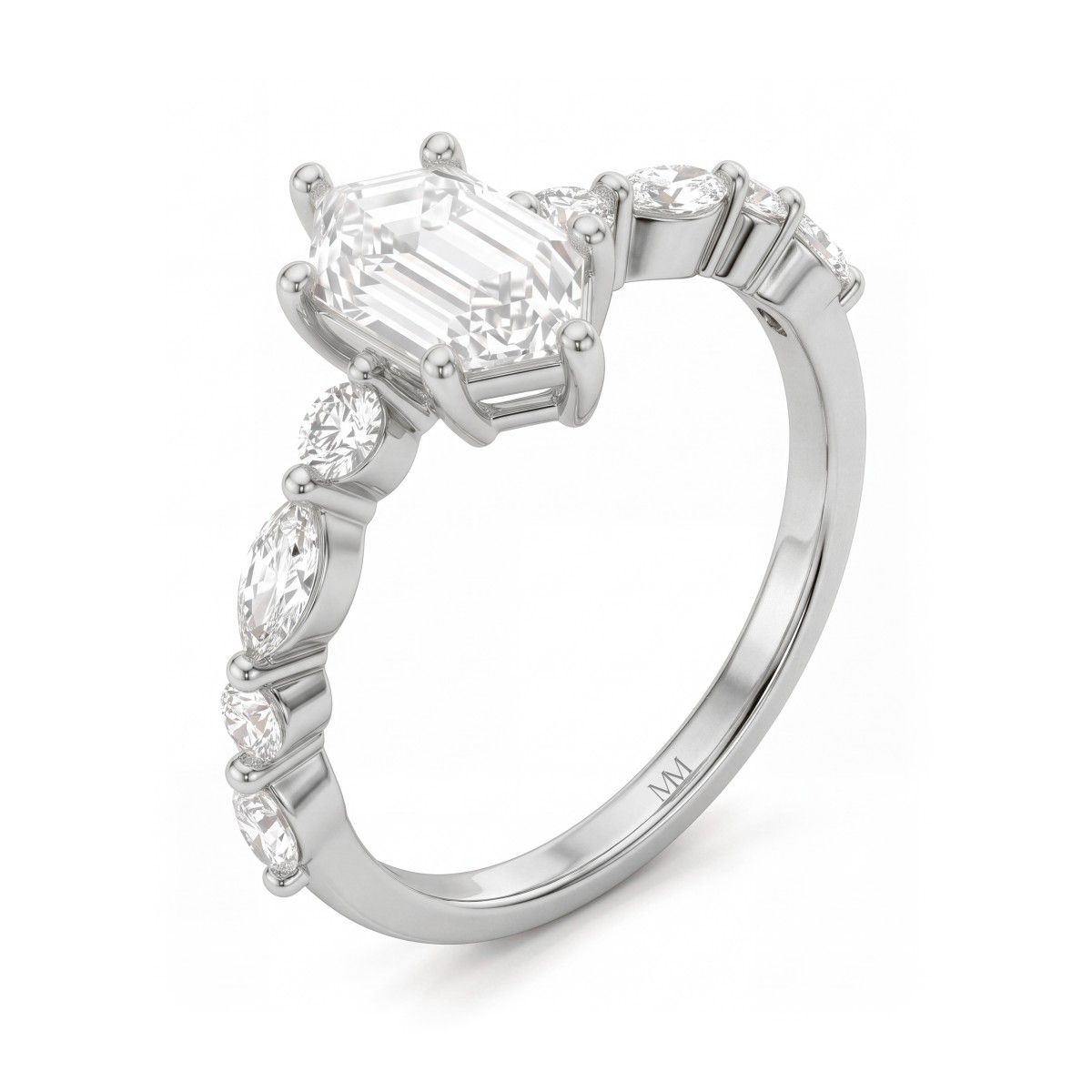 Prisma - forlovelsesring med avlang sekskantet moissanite og marquiseslipte og runde sidesteiner