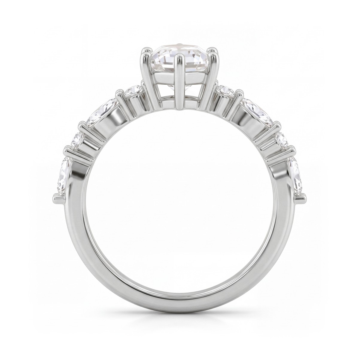 Prisma - forlovelsesring med avlang sekskantet moissanite og marquiseslipte og runde sidesteiner