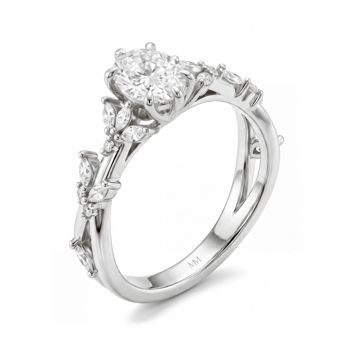 Sylvaine - forlovelsesring med oval moissanite, bladformede klynger av marquiseslipte steiner og delt ringskinne