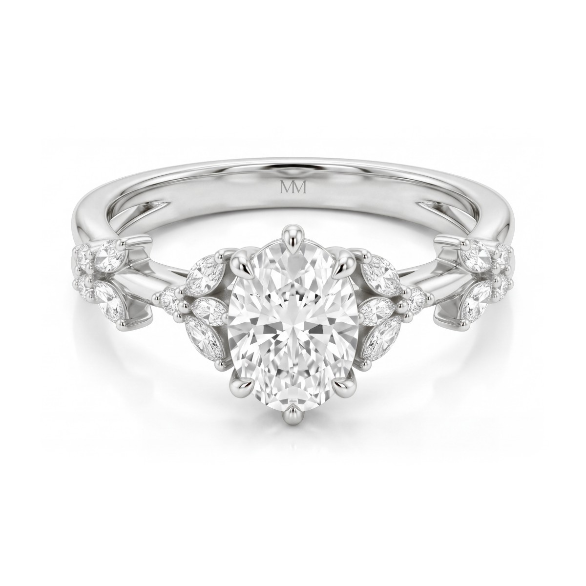 Sylvaine - forlovelsesring med oval moissanite, bladformede klynger av marquiseslipte steiner og delt ringskinne