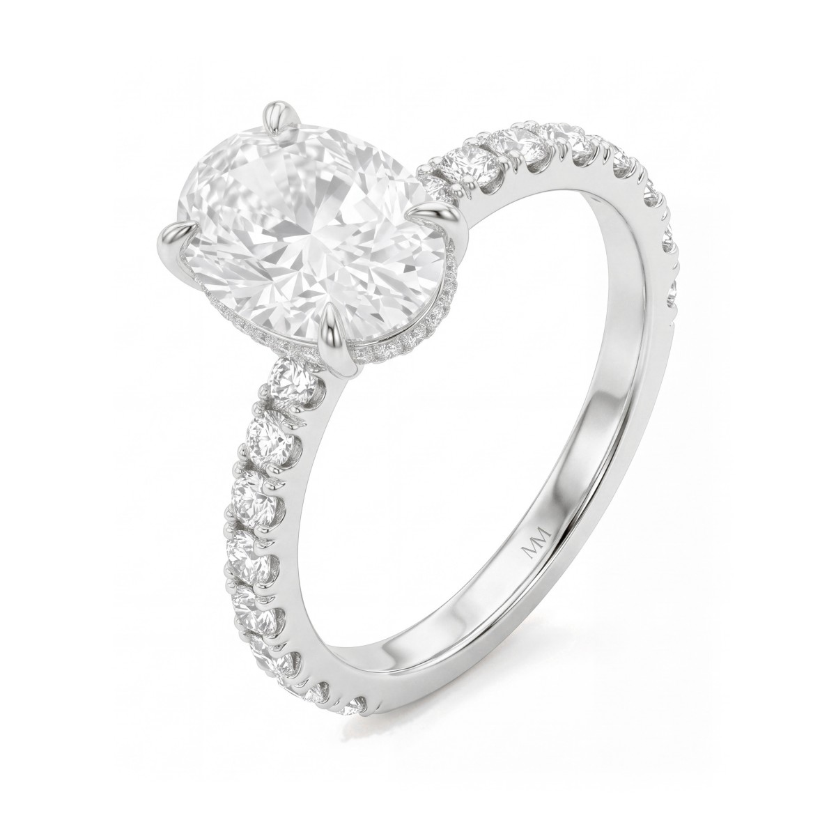 Moonveil - forlovelsesring med oval moissanite, skjult halo og pavé-ringskinne
