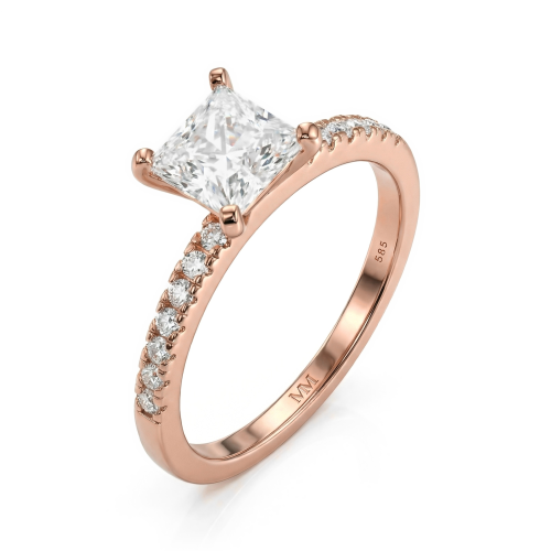 Celestia - ring med prinsesseslipt moissanite og pavéfattede sidesteiner