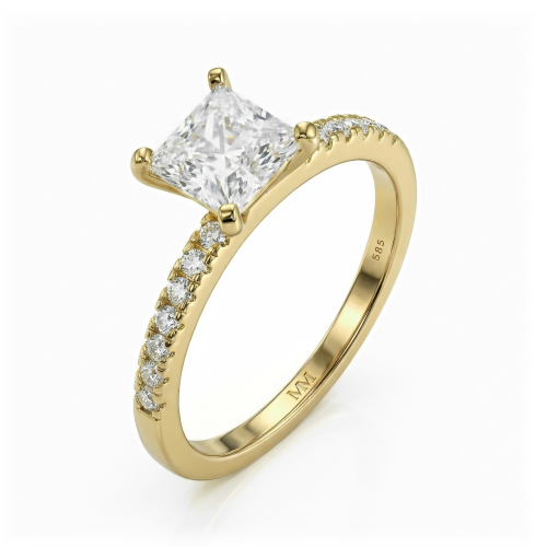 Celestia - ring med prinsesseslipt moissanite og pavéfattede sidesteiner