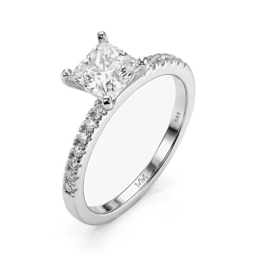 Celestia - ring med prinsesseslipt moissanite og pavéfattede sidesteiner