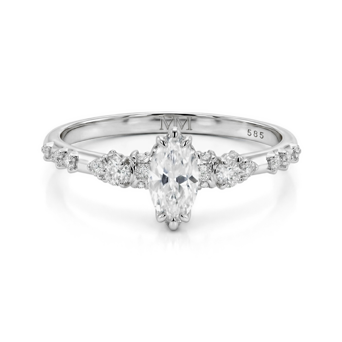 Elegante - ring med marquiseslipt moissanite og vintageinspirerte minimalistiske sidesteiner