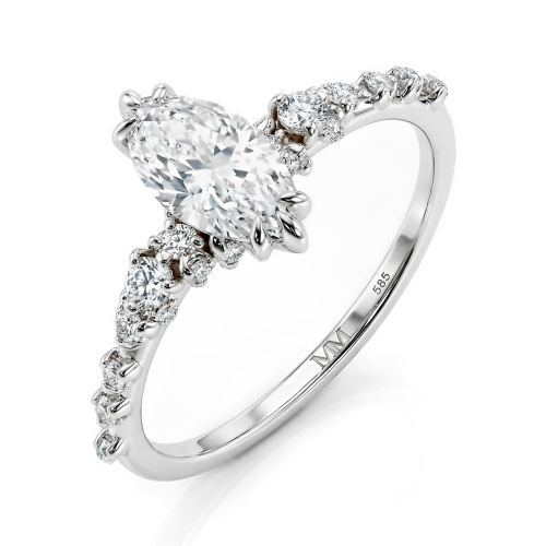 Elegante - ring med marquiseslipt moissanite og vintageinspirerte minimalistiske sidesteiner