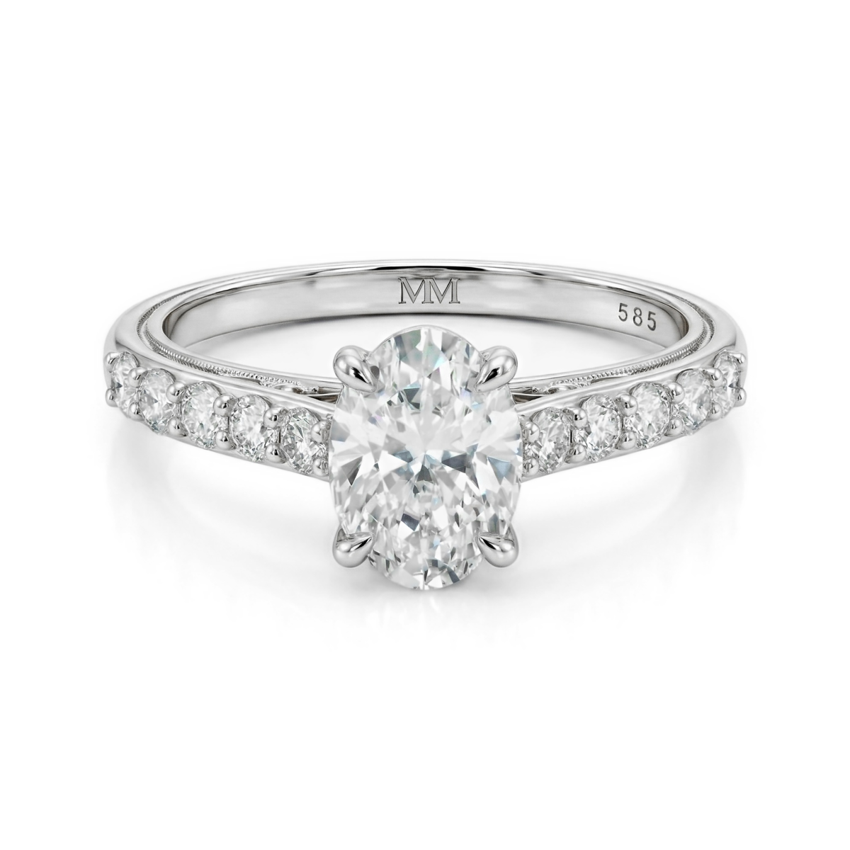 Fiorenza - tidløs ring med moissanite, pavé-ringskinne og galleridetalj