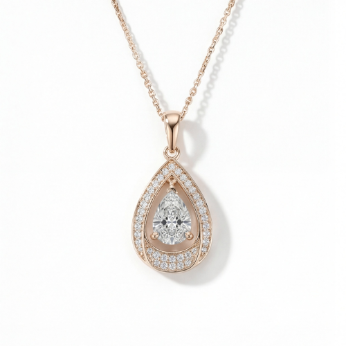 Pendula – dråpeformet moissanite-anheng med elegant dobbel halo