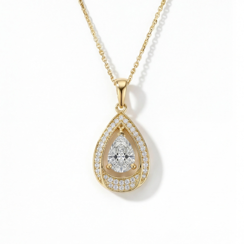 Pendula – dråpeformet moissanite-anheng med elegant dobbel halo