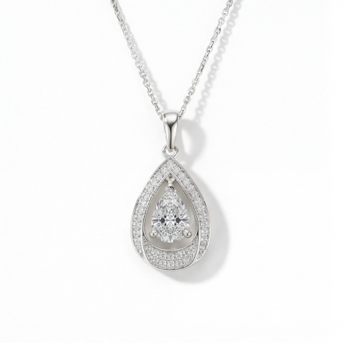 Pendula – dråpeformet moissanite-anheng med elegant dobbel halo