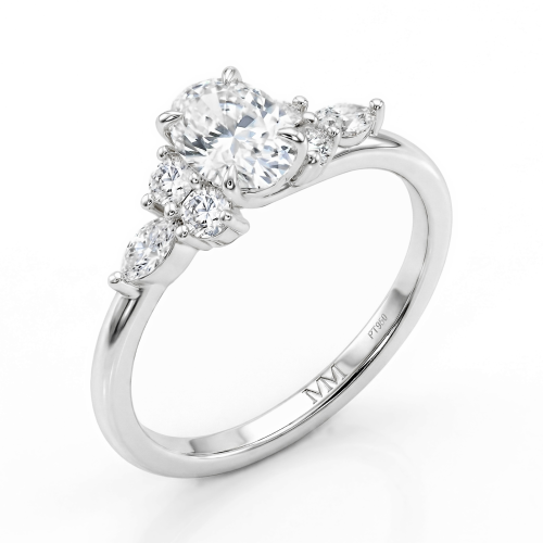 Olivette - forlovelsesring med moissanite i oval slip og sidesteiner i marquiseslip